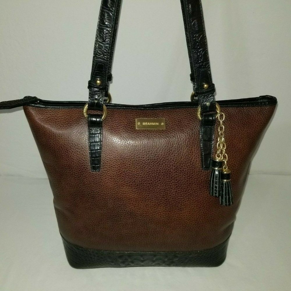 Brahmin Brown & Black Leather Large Zip Top Tote